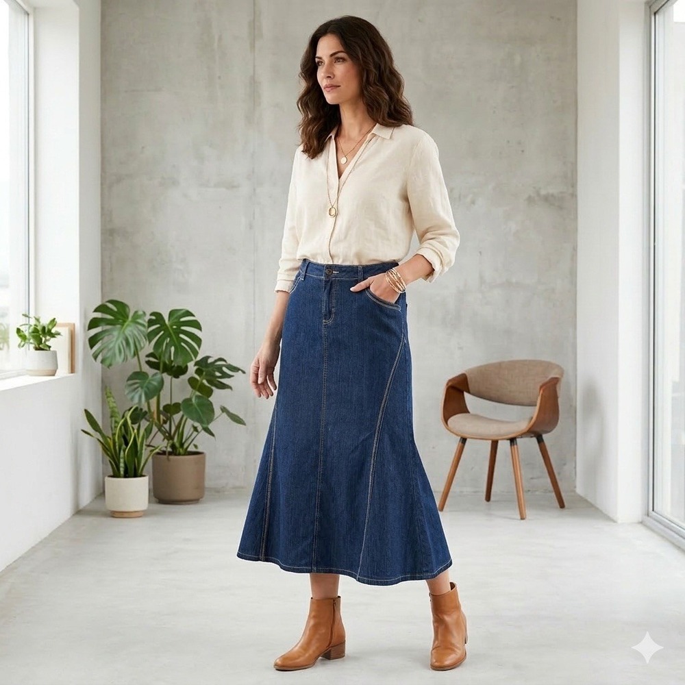 VTG Baccini 90s Y2K Denim Maxi Trumpet Flare Skirt 12 Boho Modest Western Fluted